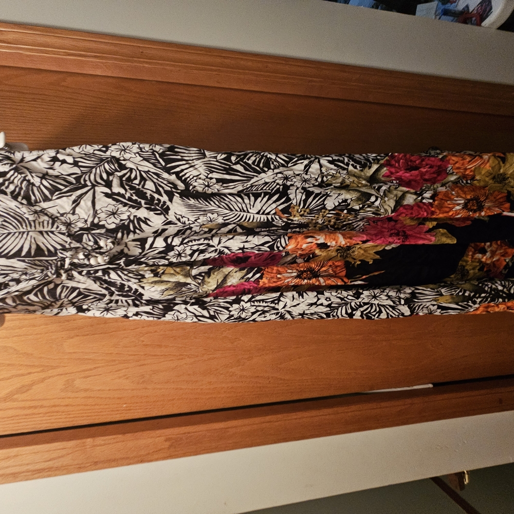 Floral Maxi Dress with Black and White Leaf Pattern